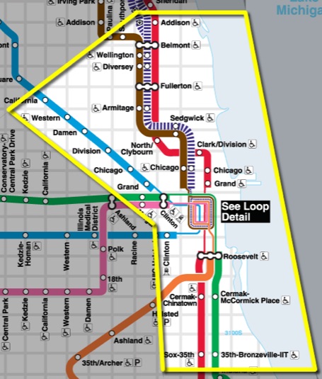 CTA ‘L’ train map of Chicago with the neighborhoods between the Red and Blue lines outlined in yellow