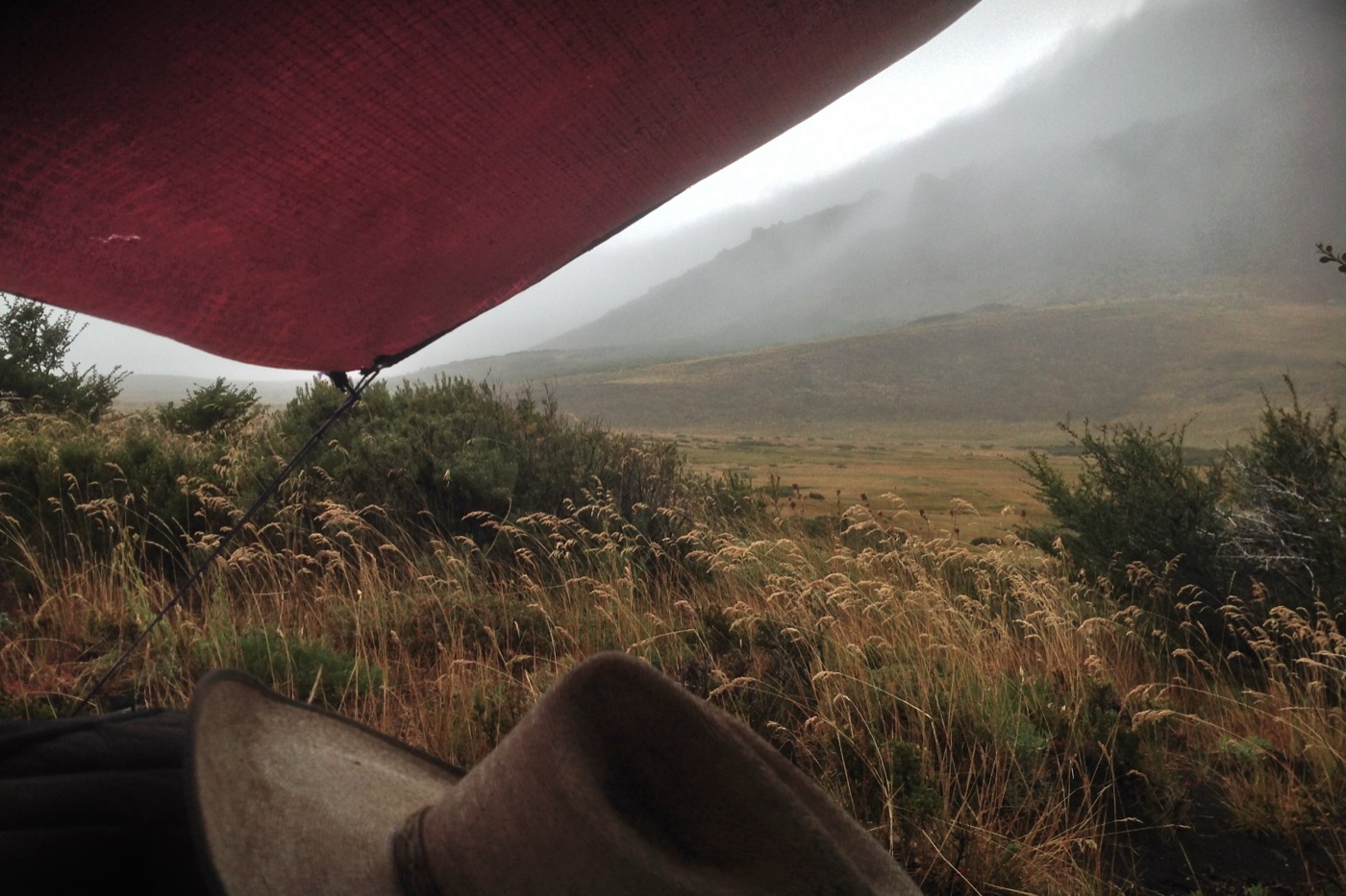 Looking out from under a red tarp roof at grassland and misty mountains